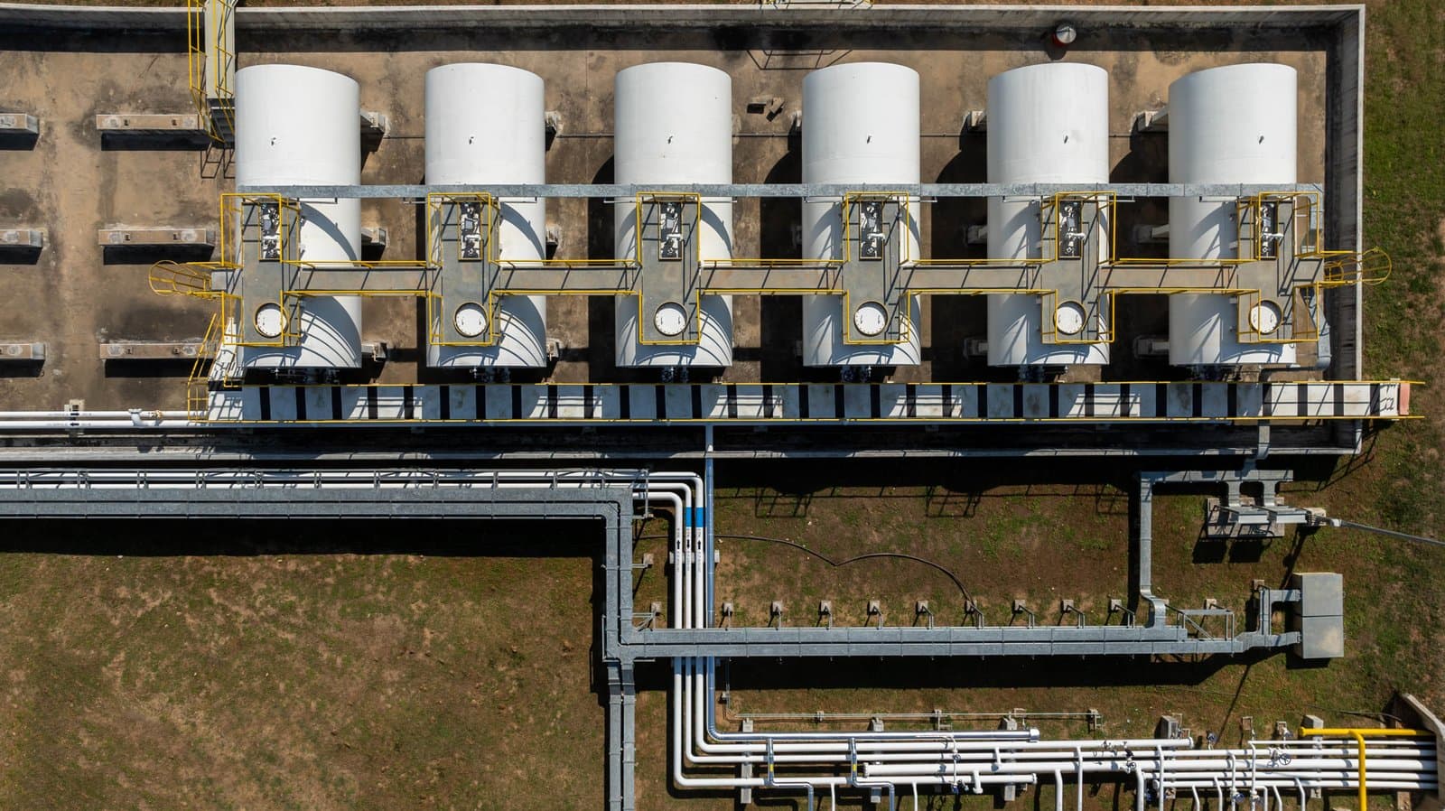 Aerial view of a large-scale bulk storage tank farm