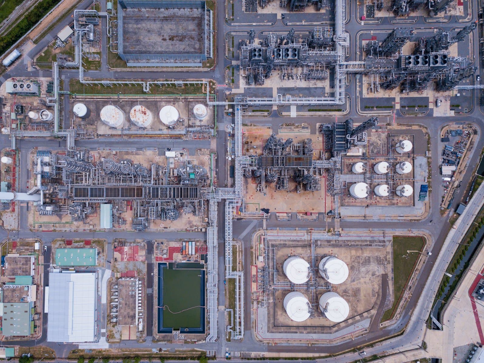 Operating petrochemical terminal at dusk